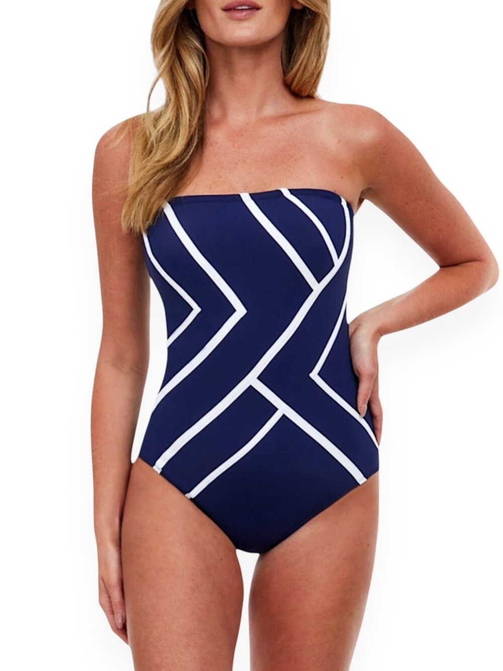Gottex Navy and White Strapless Geometric One-Piece